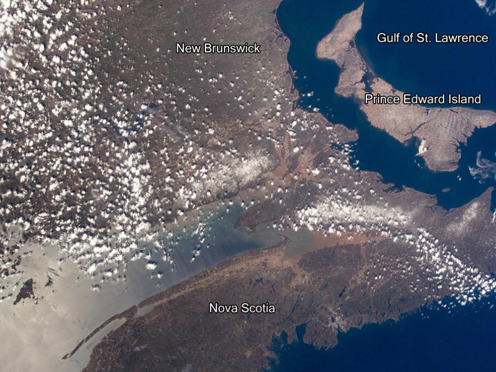 Satellite view of the eastern coast of Canada and surrounding bodies of water.