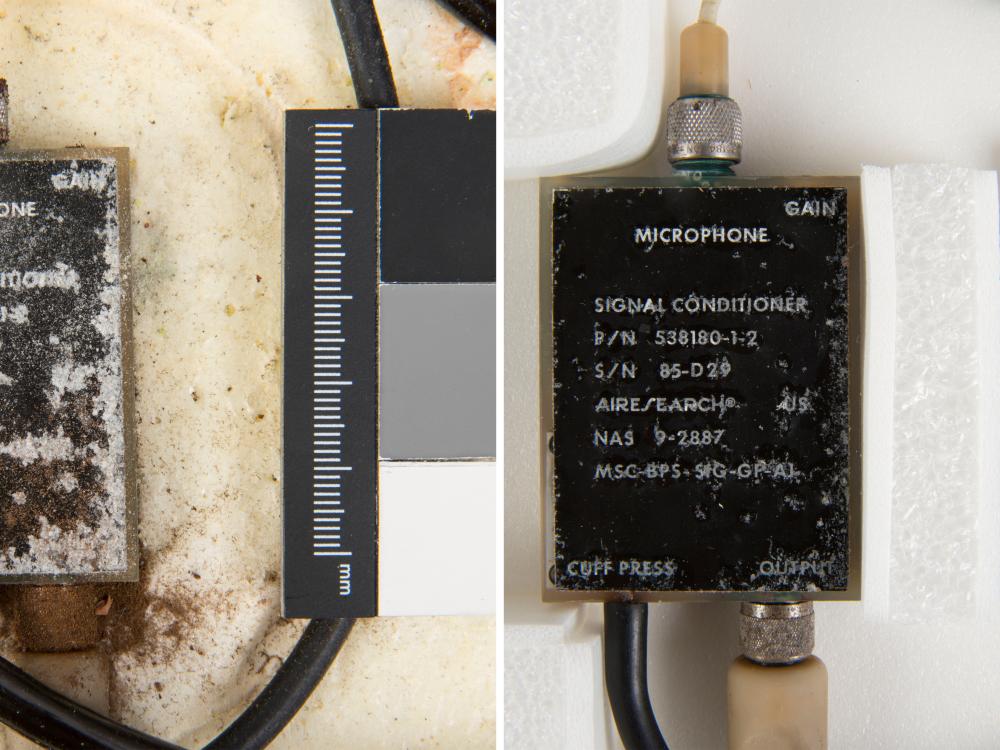 Comparison views of a rectangular object and corresponding cables belonging to an Apollo-era medical instrumentation harness before (left) and after (right) receiving conservation treatment. On the left image, corrrosion and discoloration can be seen on the object and nearby harness areas. On the right image, conservation treatment has been performed and the object is clean.