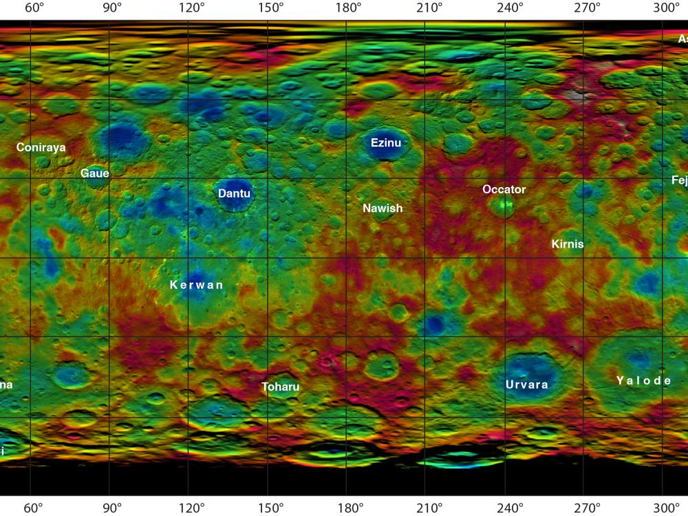 Multi-colored map of Ceres showing the topography of the dwarf planet. Blue represents the lowest points on the planet whereas the highest points are represented in white.