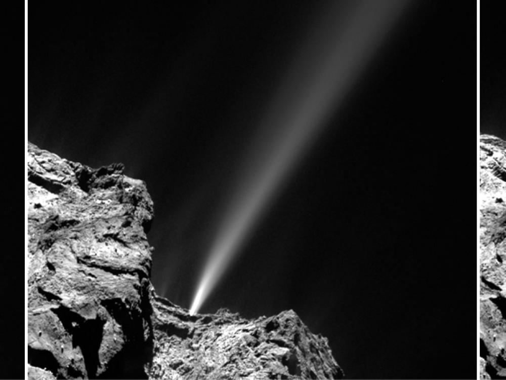 Black and white perpsective of a jet of gases exploding from the surface of a comet.