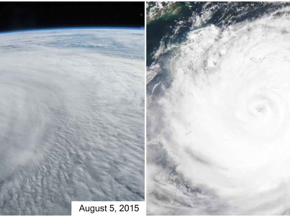 Two views showing different perspectives of a large typhoon in the Pacific Ocean. The left view shows the cloud formation from the International Space Station, while the right view shows a satellite view of the typhoon.