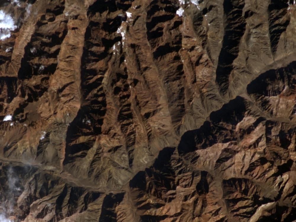 Satellite view of a set of brown mountains that are part of the Andes Mountain Range in Argentina.