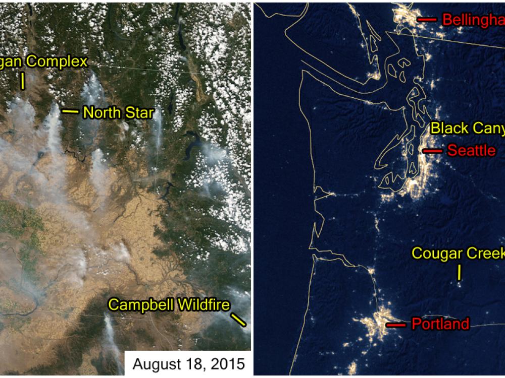 Two satellite perspectives of the Northwest United States region during a wildfire outbreak. The left view shows orange clouds of smoke visible from satellite. The right perspective shows lights visible from cities at nighttime as well as fires bright enough to be visible.