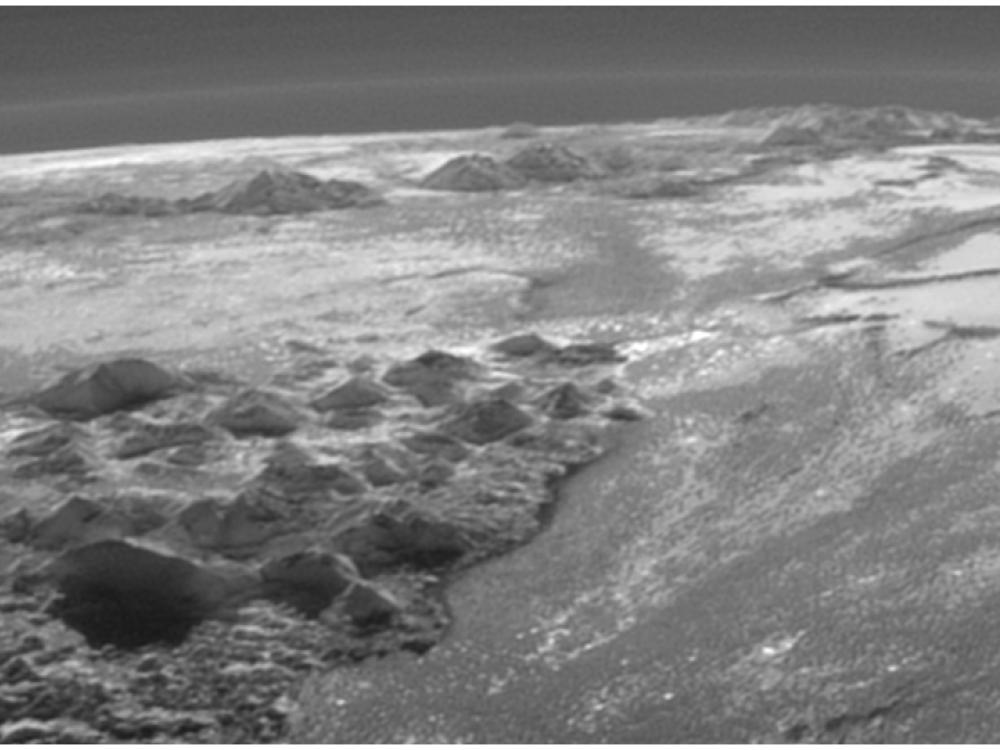 Close-up view of part of Pluto's icy, terrestial surface.