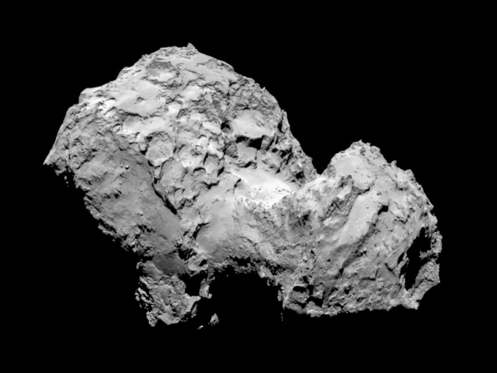 The body of two cratered comets which have combined into one larger crater.