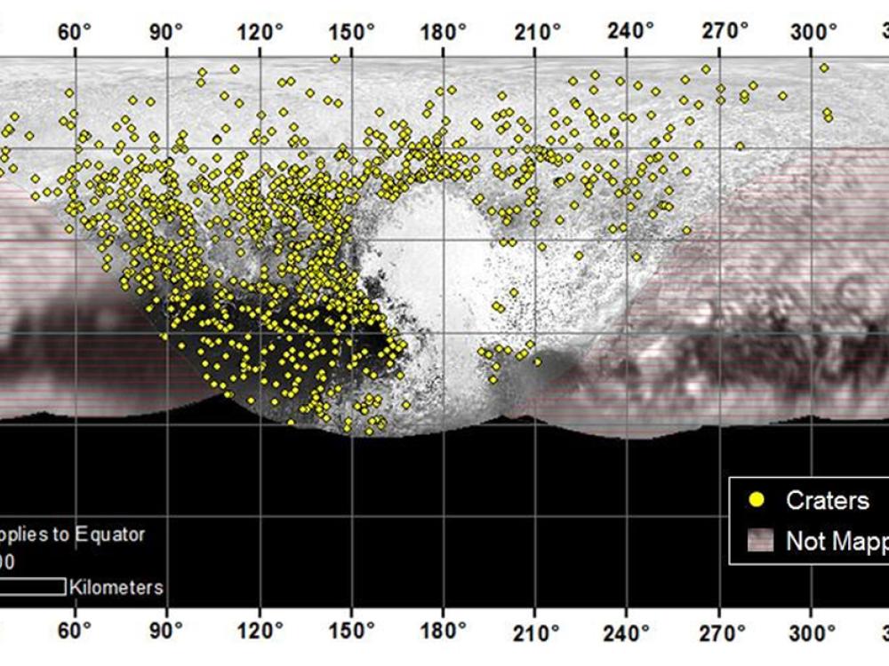 Geographic map of Pluto, a dwarf planet, with craters highlighted as a light green circle.