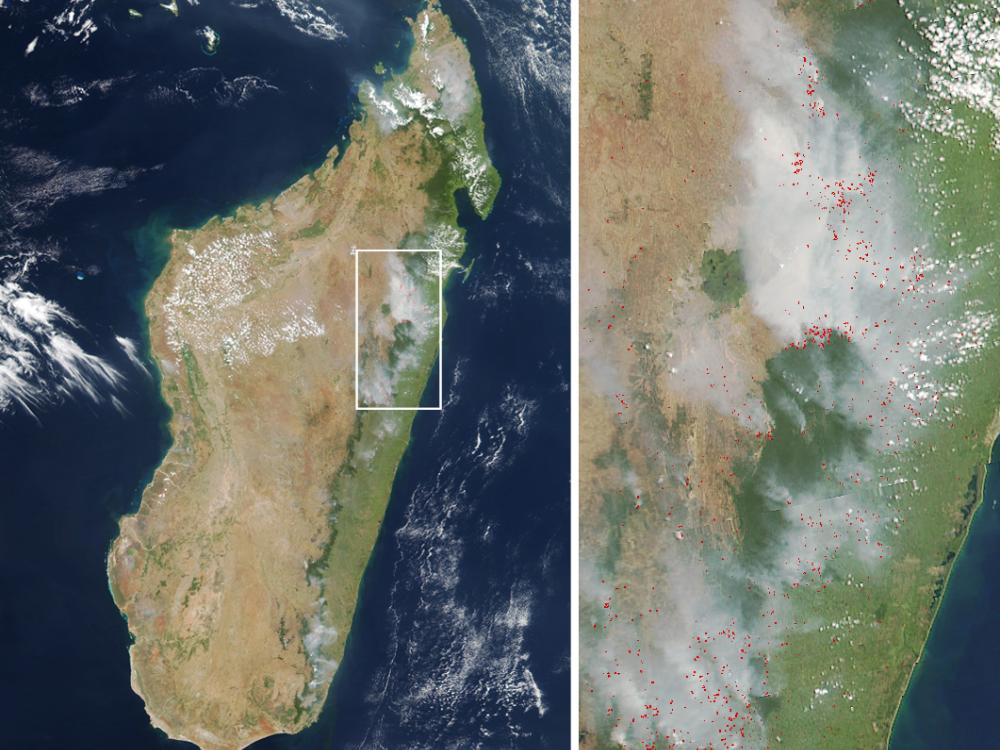 Two satellite perspectives of Madagascar. The left perspective shows the whole island while the right perspective reveals fires burning on the eastern part of the island with smoke visible.