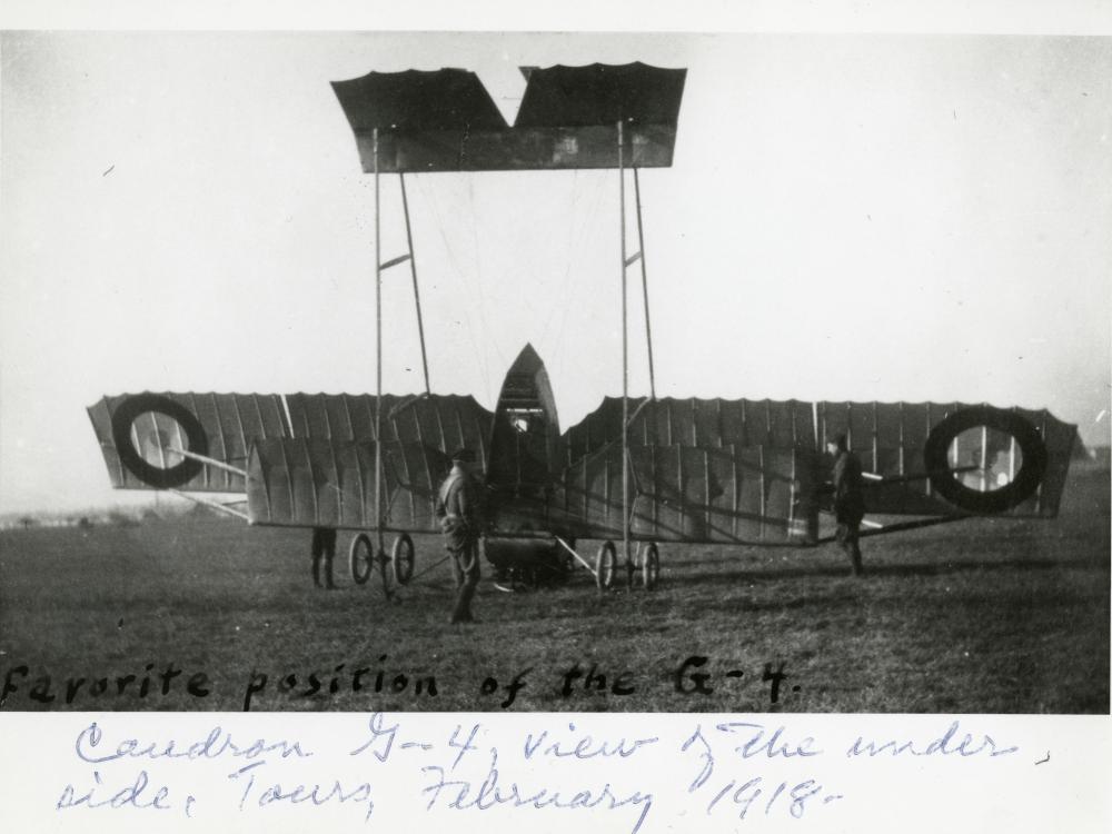 Military biplane in nosed over position. Caption written below photo is incorrect. It is an earlier plane model, the Cauldron G-3 is the model instead of the Cauldron G-4 mentioned.