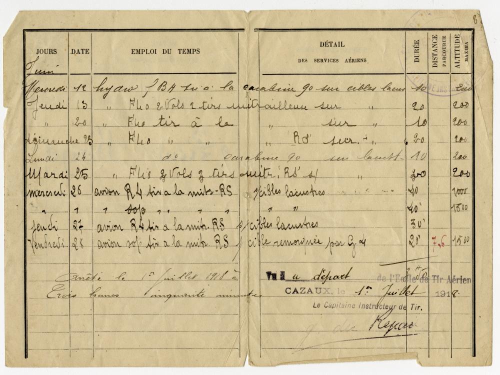 Paper page showing a flight log for a plane used during World War I. Entries are written in black ink.