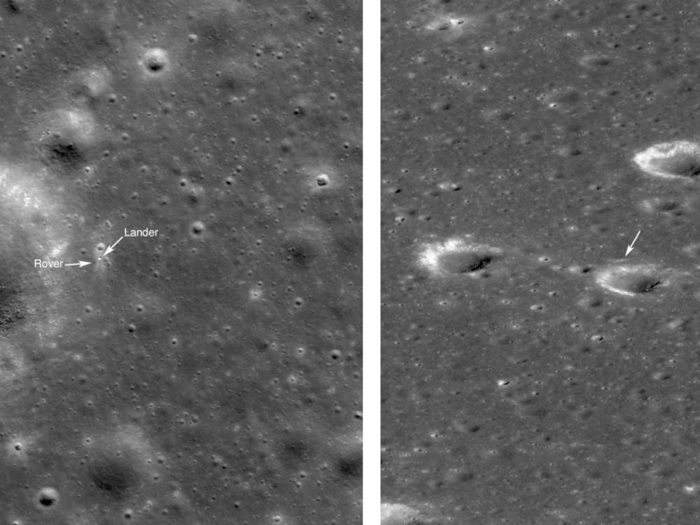 Two sections of the Moon with a flat surface and minimal craters. The left section is known to be the landing site of a Chinese rover, where the right side is the landing site of a Chinese robotic spacecraft.