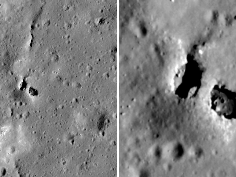 Two openings on the Moon are actually one opening with a natural bridge in the middle of the opening.