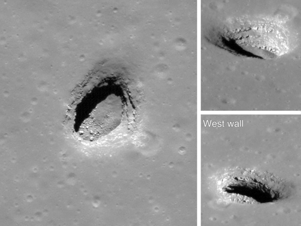 Three different views of a pit on the Moon that reveals subsurface lava flows.