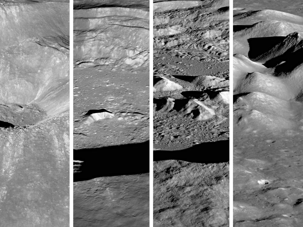 Four separate views of mountain formations on the Moon.