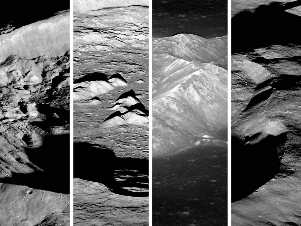 Four different perspectives of mountain formations on the Moon.