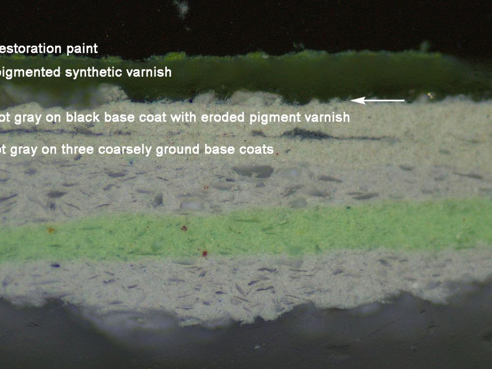 Labeled cross section of layered paint on a spaceship studio model for the television show Star Trek. The bottom layer is a dark gray, but future layers show a lighter gray and then green paints used to restore the paint on the model.