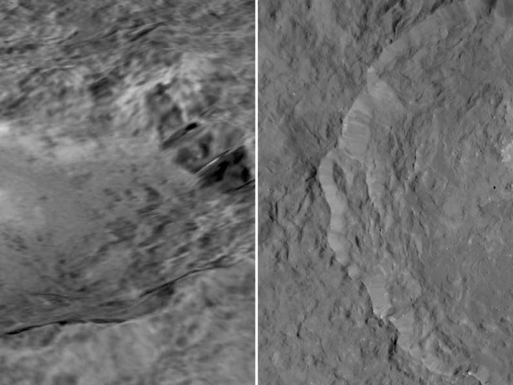 Two close-up views of a crater on Ceres, a dwarf planet, with a nearly-white spot inside a crater that is much brighter than the rest of the planet.