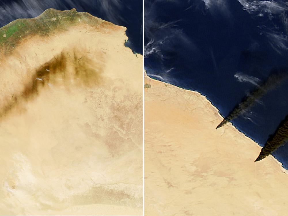 Two satellite views of an area of Libya where oil fires are taking place. The second view shows a better view of the black plumes of smoke rising from the fires.