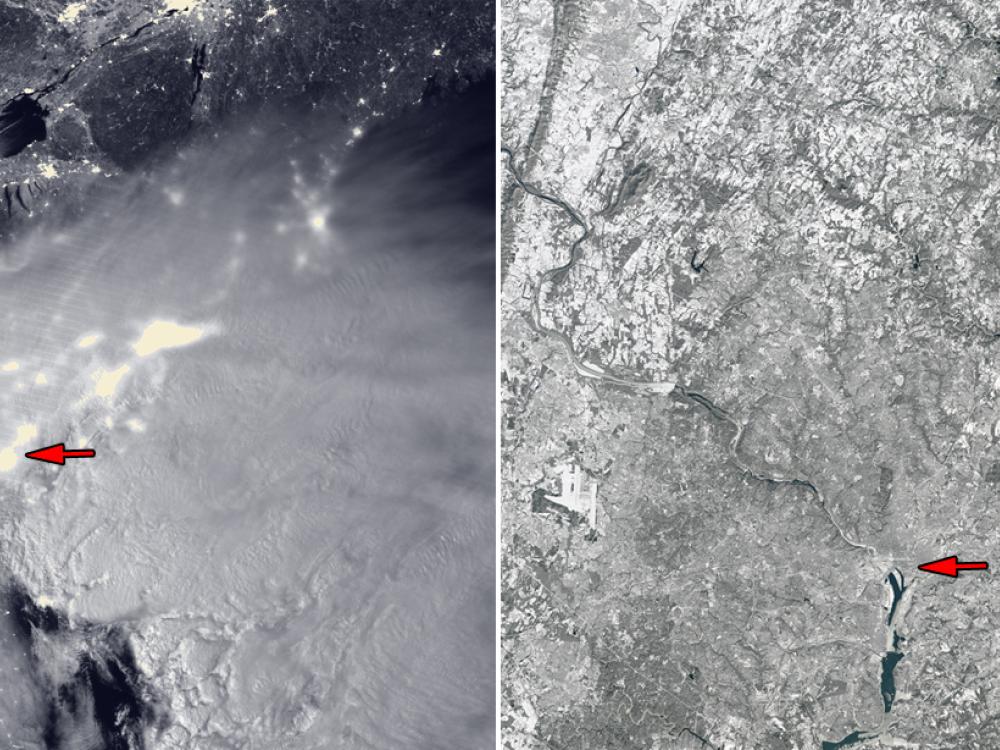 Two satellite perspectives of a large winter storm system with a red arrow pointing out the Washington, D.C. area. The left view shows the snowstorm over the area whereas the second view shows the aftermath of the snowstorm.