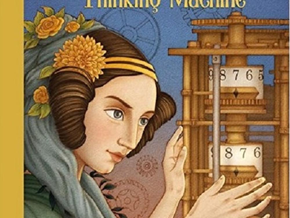 A book cover of a woman with a fancy hair do looking at a calculating machine.