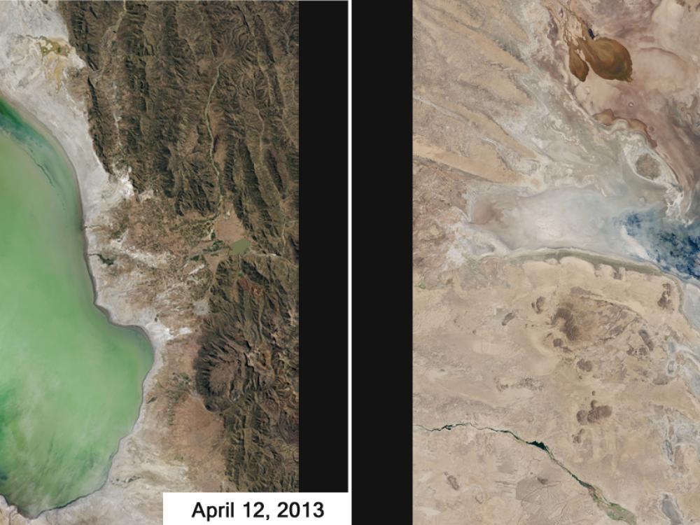 Two views of a large lake in the mountains of Bolivia. The left view shows a full lake whereas the second view shows the lake dried up.