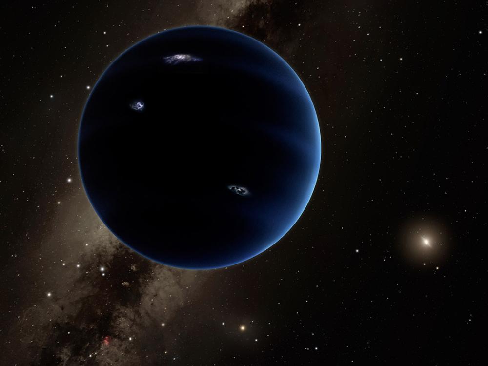 Artist concept of a dark blue planet that is hypothesized to exist far in the depths of the solar system.