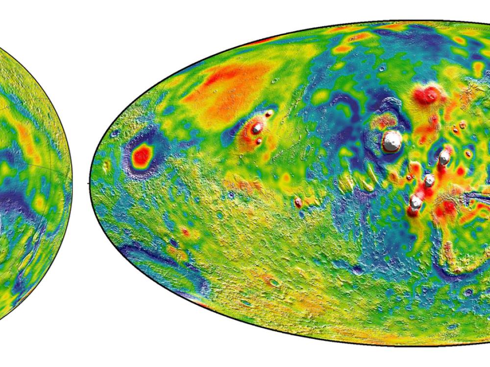 Two maps displaying gravity on Mars. White colors represent the highest areas of gravity whereas blue colors represent lower areas of gravity.