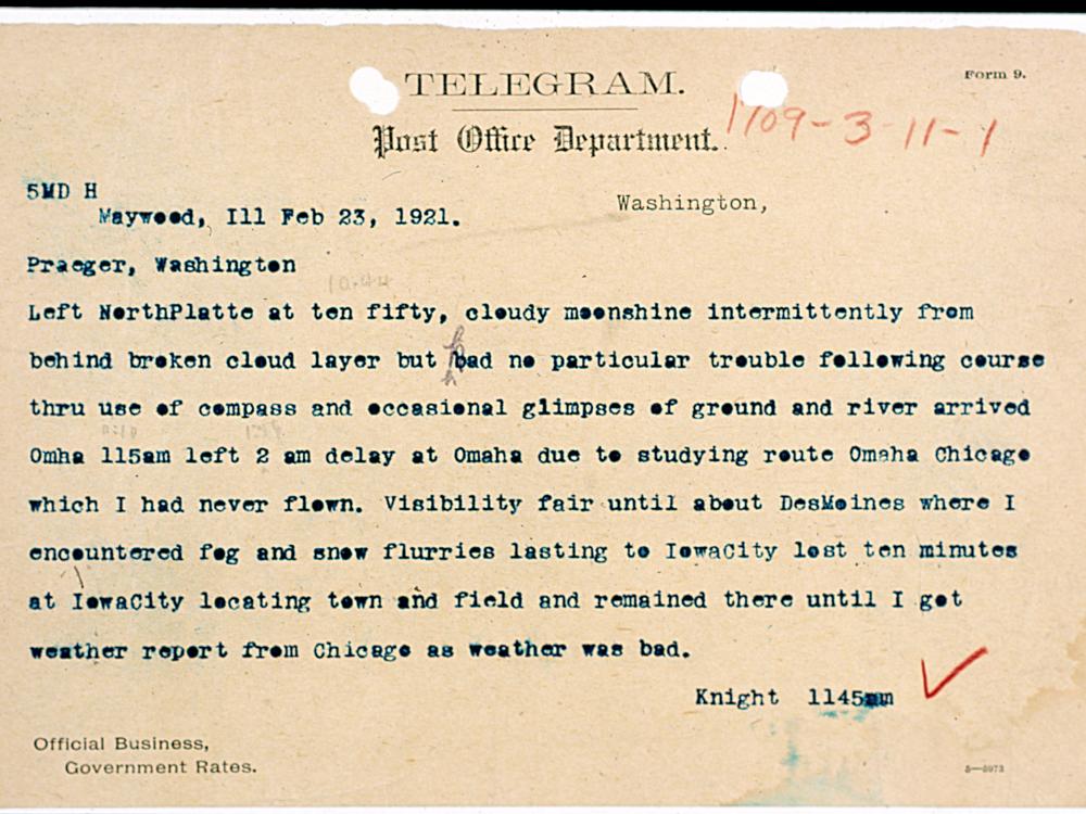 Telegram message written to the Post Office Department by pilot Jack Knight describing his experiences on a new flight path.