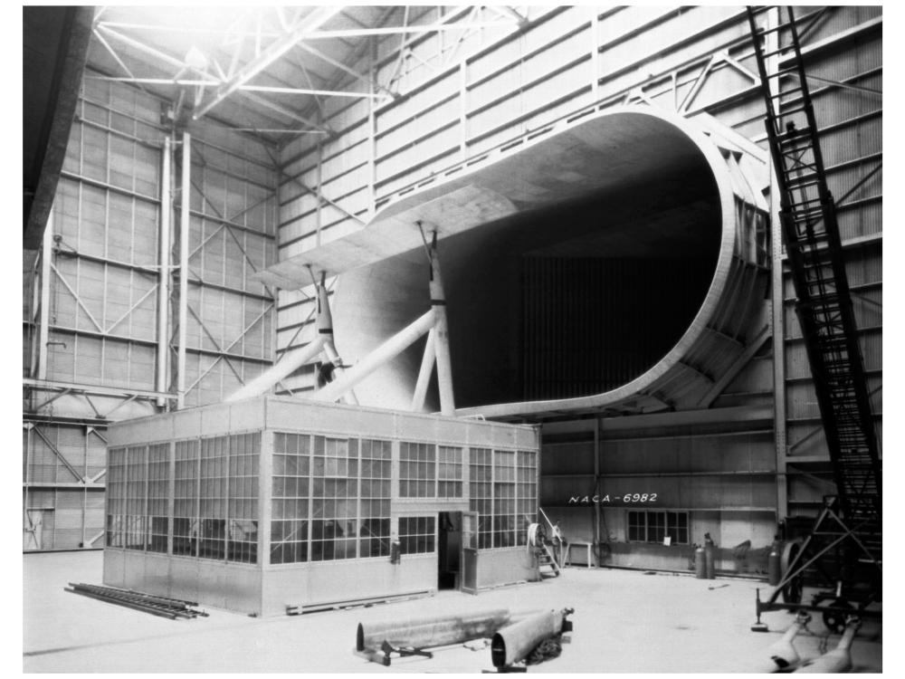 Frontal view of a wind tunnel that could fit whole planes due to its size.