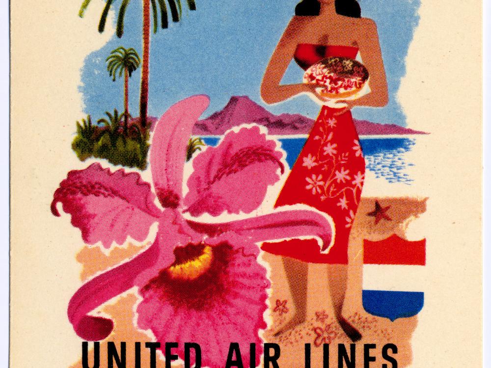 Promotion of United Air Lines flights to Hawaii, featuring artwork of a Hawaiian woman on a beach as well as a hibiscus and conch shell.