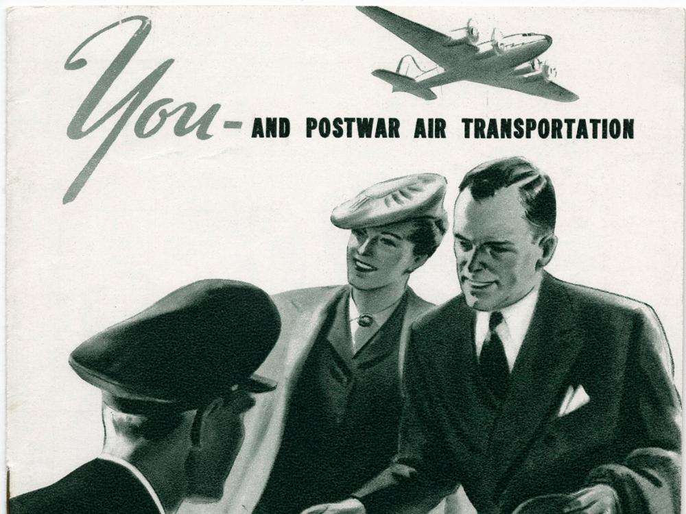 Black and white American Airlines travel brochure promoting the airline following World War II. The brochure features an image of two people and a pilot looking at a large globe.