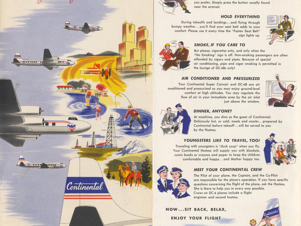 Two panel air line brochure promoting luxury features available on Continental Air Lines.