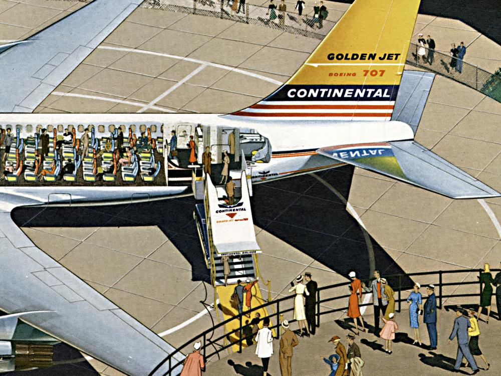 Advertisement for Continental Airlines that consists of a souvenir flight map with cover art featuring people boarding the back of a commercial aircraft while others view the aircraft.