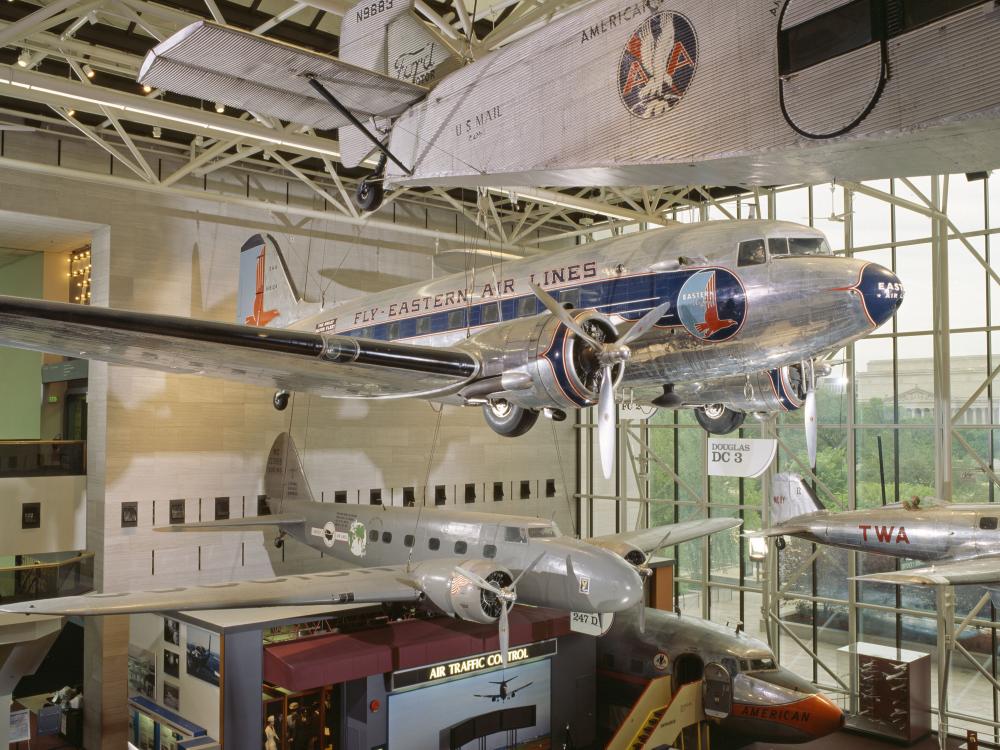 DC-3 hanging on display