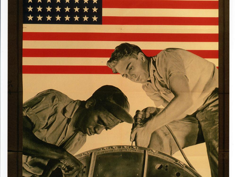 war propaganda poster, united we win, two workers and american flag