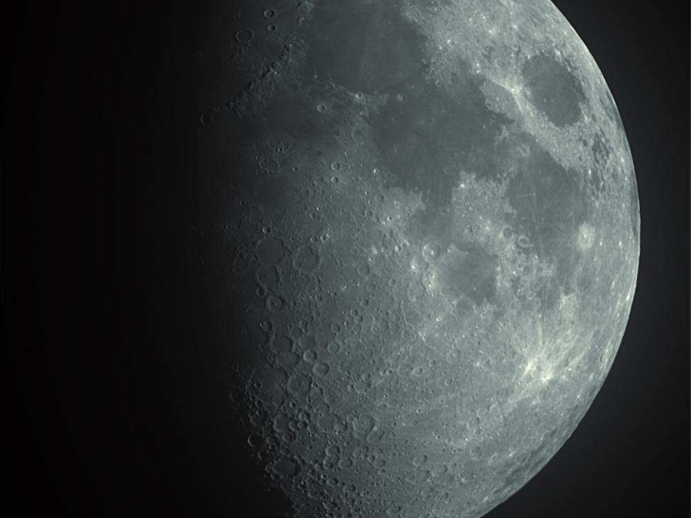 View of Moon in waxing gibbous phase.