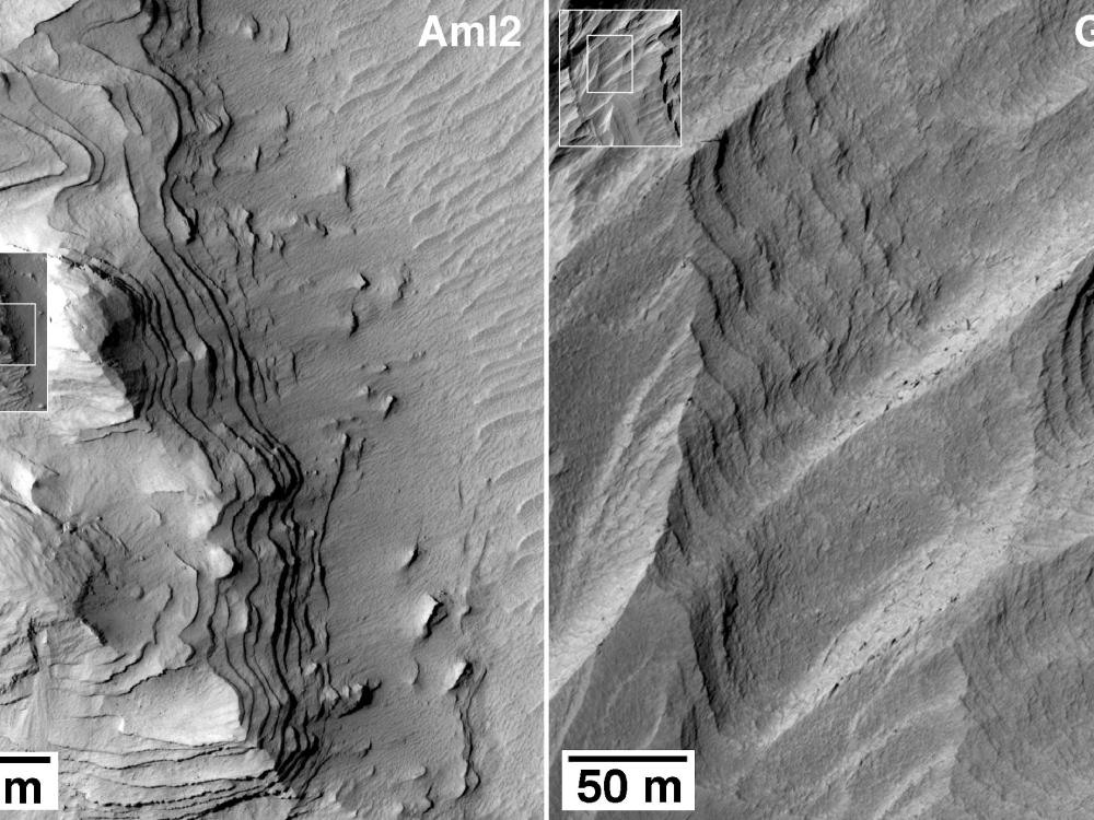 Uniformly bedded materials visible within western Medusae Fossae Formation