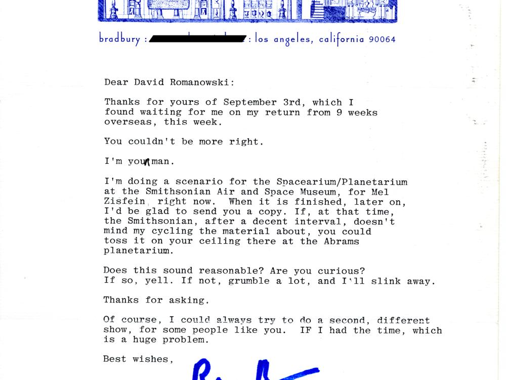 Letter from Ray Bradbury to David Romanowski