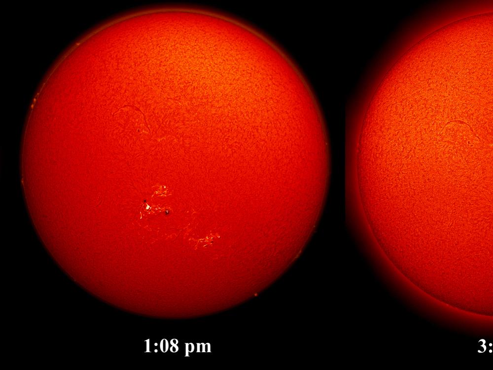 Multiple disk images of the Sun highlight the cycle of a solar flare.