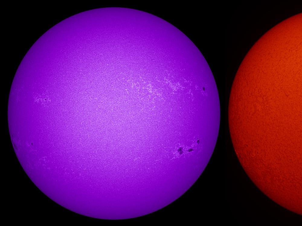 Three disk images of the Sun using different telescope cameras. Each layer shows a different part of the sun, revealing sunspots, phages, and faculae.