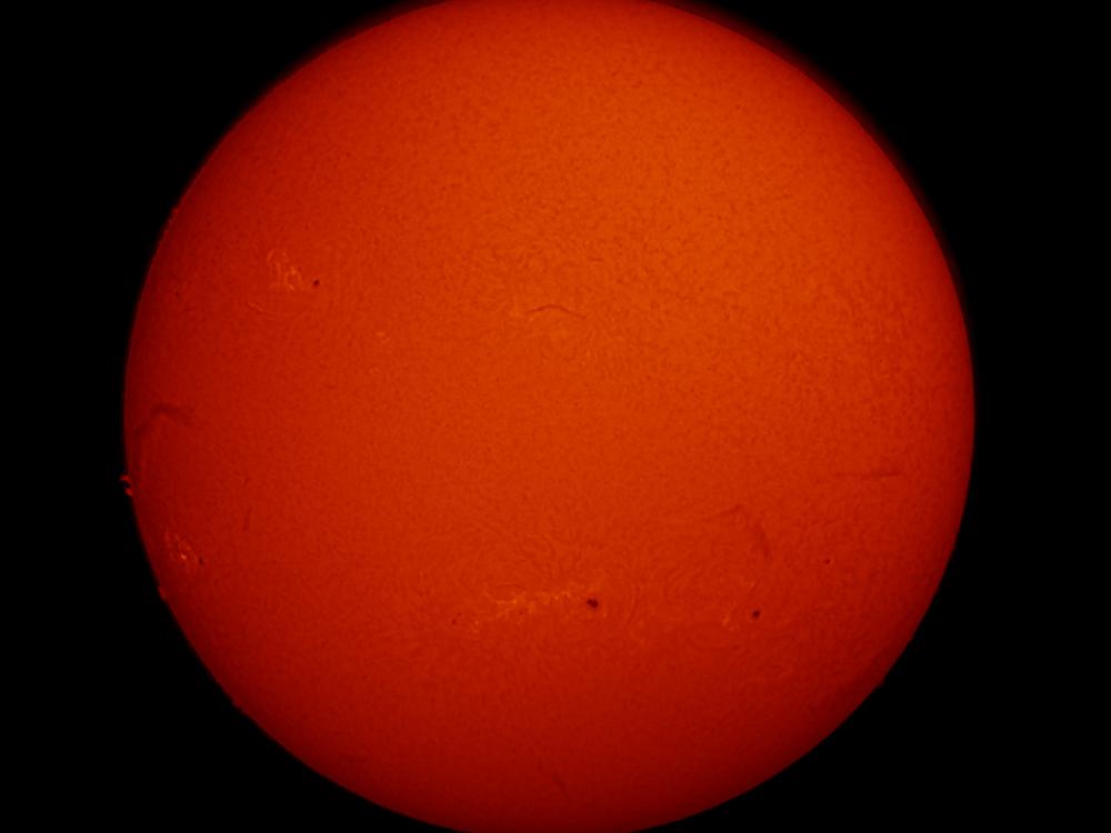 Disk view of the Sun's chromosphere. The left side of the disk features a dark line of gases floating above the Sun's surface known as a filament turn into a prominence as it moves beyond the end of the disk. Multiple sunspots, highlighted as dark marks, and phages, lighter sections, are found throughout the disk.