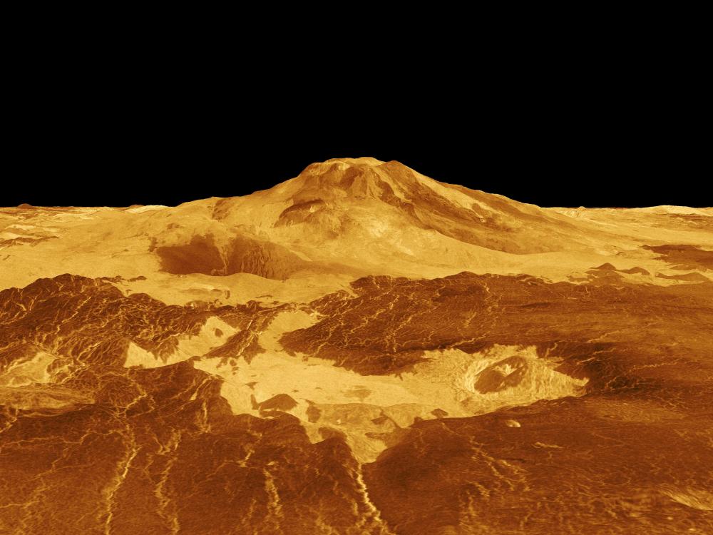 A three-dimensional computer simulation of Maat Mons, a volcano on Venus, and nearby topography.