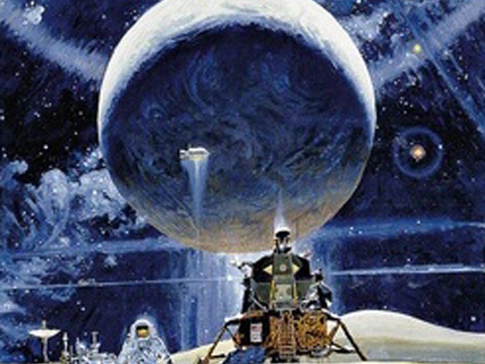 A section of a space mural featuring an astronaut on a surfacable rocky object near a lunar module and lunar lander. Above the surface is a large celestial body.