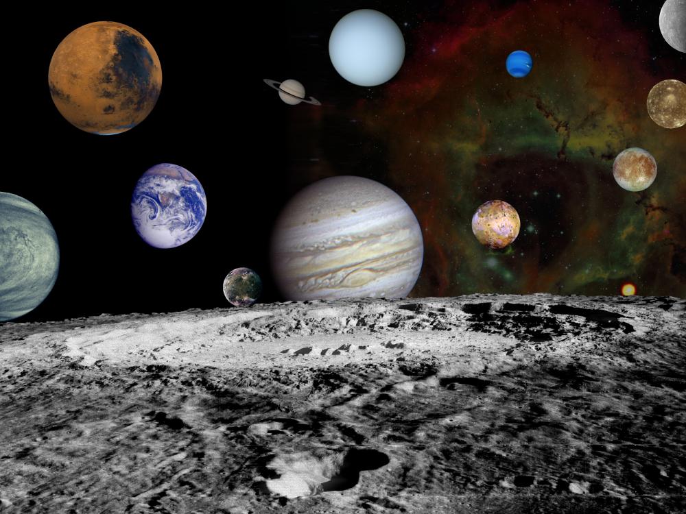 A view of all eight planets, Pluto, and four moons belonging to Jupiter from the perspective of one of Jupiter's moons.