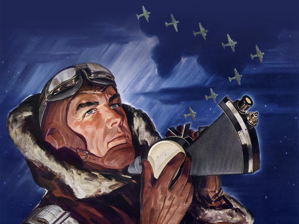 Artwork of a person viewing the skies with navigation tools in his hand. A row of airplanes are visible in the sky.