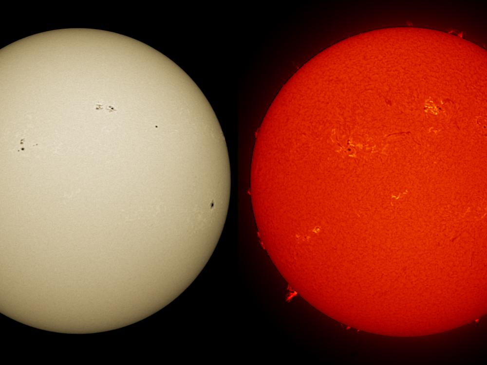 Two disk views of the Sun. The left disk shows the surface of the Sun, with a few sunspots visible on the right side of the disk. The right image shows the chromosphere of the Sun, with some prominences of gas floating from the surface of the Sun and phages resulting from solar flares as lighter colors. Both the prominences and phages can be seen across the right disk.