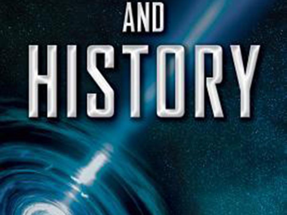 Cover of a book titled "Star Trek and History" with a picture of a spiral galaxy with light shining far from the core.