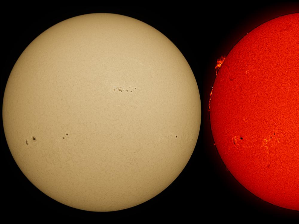 Three disc views of the Sun. The left image reveals the Sun's atmosphere, highlighting bright-coloured clouds called phages. The middle disk reveals the Sun's surface, highlighting sunspots found mostly on the left side of the disk. The right side highlights prominences of gas floating from the surface on the edges of the disk, as well as multiple phages.