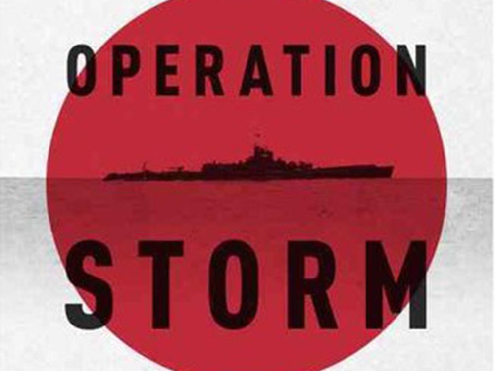 Book cover designed around the Japanese flag which is mostly with a red circle. A submarine is in the center of the red circle. The title "Operation Storm" is placed around the submarine, with its subtitle above the title and the author below the title.