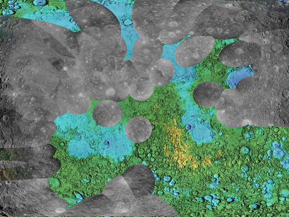 Partial view of the nearside of the Moon using black and white radar and colored topographic map.