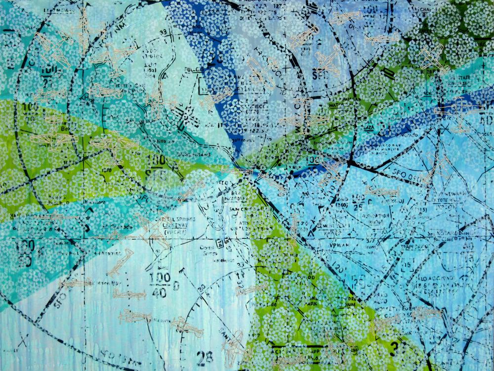 Artwork of a map with many blue and green colors denoting different areas and many sketches of navigational tools.